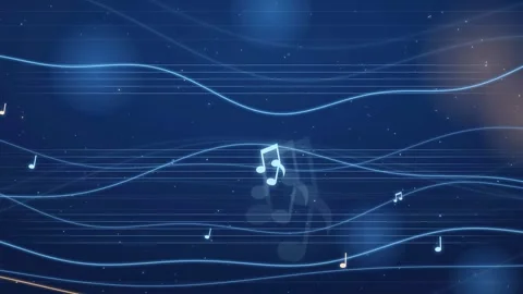 Abstract blue background with flowing musical notes and glowing wave lines for 库存影片 343862224
