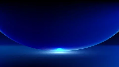 Abstract blue background with glowing 3d sphere and neon light flare on dar.. Illustrazione stock