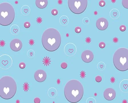 Abstract blue background on it are pink circles of different sizes and hearts Stock Illustration