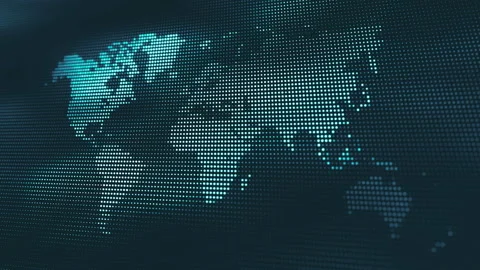 Abstract blue background with moving waves of particles and world map. 動画素材 94855145