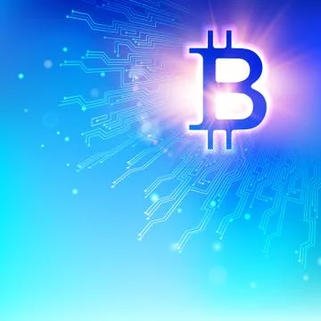 Abstract blue background with shining bitcoin symbol and mother board circuits Stock Illustration