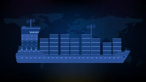 Abstract blue background of side view shipping container cargo ship with worl Stock Illustration