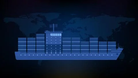 Abstract blue background of side view shipping container cargo ship with worl Stock Illustration