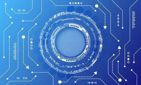 Abstract blue background with various technology elements. Hi-tech communicat Illustrazione stock