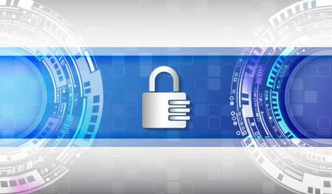 Abstract blue background with various technology elements. Cyber attack prote Illustrazione stock