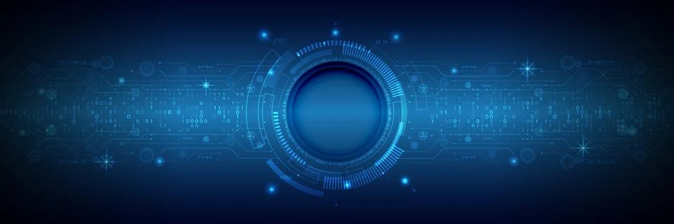 Abstract blue background with various technology elements. Wide Hi-tech commu Illustrazione stock