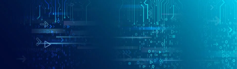 Abstract blue background with various technology elements. Wide Hi-tech commu Stock Illustration