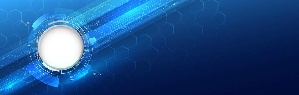 Abstract blue background with various technology elements. Wide Hi-tech commu Stock Illustration