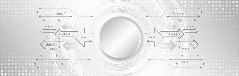 Abstract blue background with various technology elements. Wide Hi-tech commu Illustrazione stock