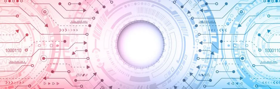 Abstract blue background with various technology elements. Wide Hi-tech commu Stock Illustration