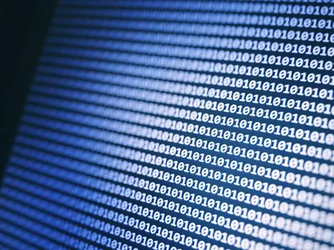 Abstract blue binary code background. Programming, coding, hacker, matrix con Stock Photos