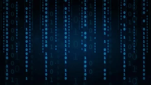 Abstract blue binary code streaming vertically on a dark digital background for Stock Footage 336775217