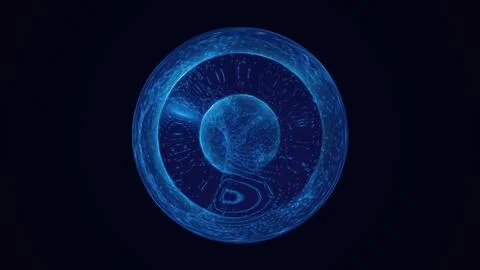 Abstract blue bright glowing background with a sphere core atom energy burnin Stock Illustration