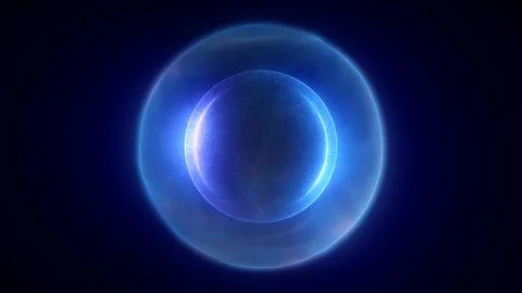 Abstract blue bright glowing background with a sphere core atom energy burn.. Illustrazione stock