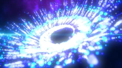 Abstract blue bright luminous particles flying in a spiral in a whirlwind m.. Illustrazione stock