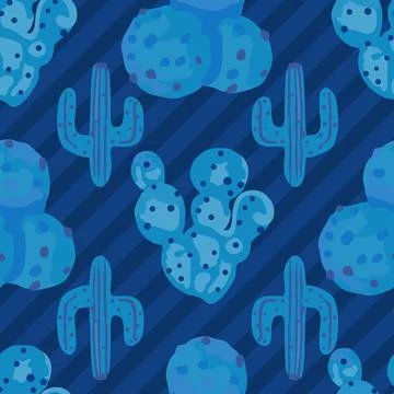 Abstract blue cactus seamless pattern design on blue background with stripes Stock Illustration