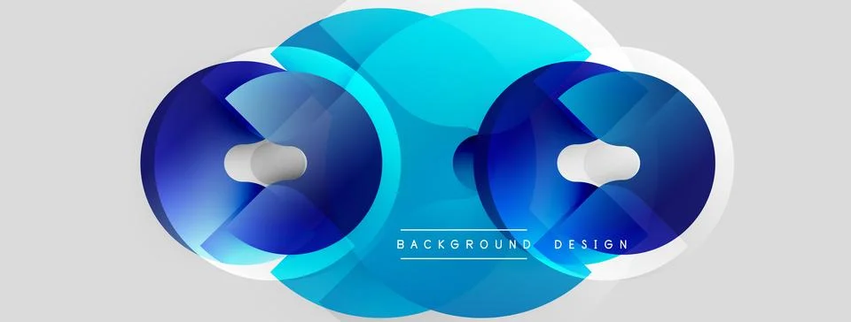 Abstract blue circles overlap, creating dynamic visual effect. Light reflects, Stock Illustration