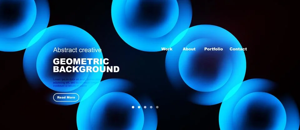 Abstract blue circles overlap dark background. Website header includes Stock Illustration