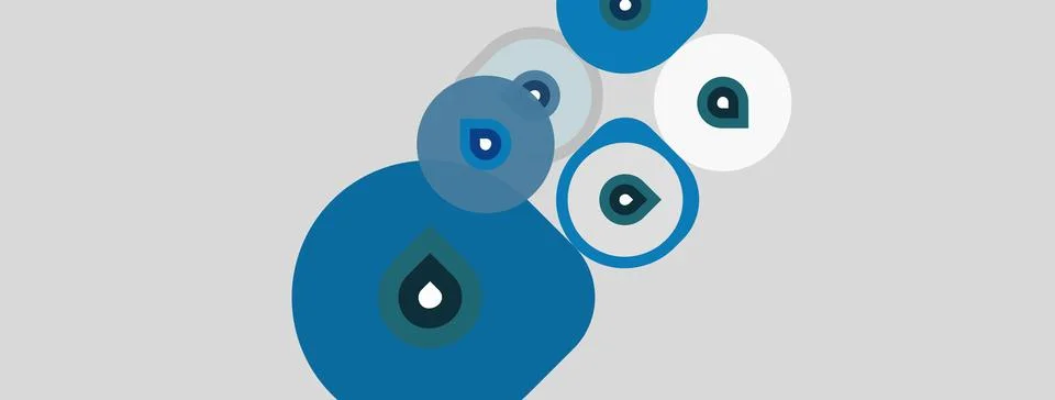 Abstract blue circles overlap gray background. Water droplets inside some s.. Stockillustratie