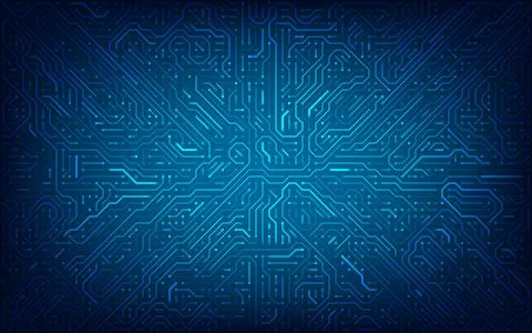 Abstract blue circuit board background with glowing connected lines. High-t.. Stock Illustration