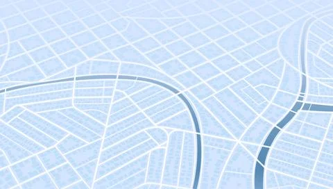 Abstract blue city map in perspective view showing streets, building blocks Ilustração Stock