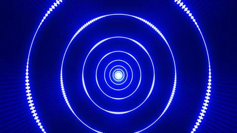 Abstract blue concentric rings glowing from the center with radiant lines, .. Stock Illustration