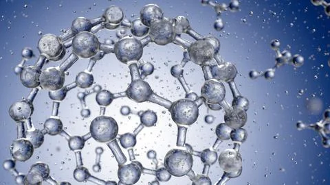 Abstract blue connected glass bubbles molecule background. 3D Rendering 库存插图