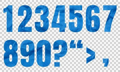 Abstract Blue Crumpled Paper Texture Numbers and Symbols Set Isolated on Wh.. Stock Illustration