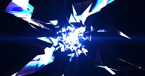 An abstract blue crystal tunnel with sharp geometric fragments flying out fro Stock Footage 327808355