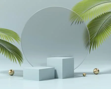 Abstract blue cubes platform podium showcase for product display with palm .. Stock Photos