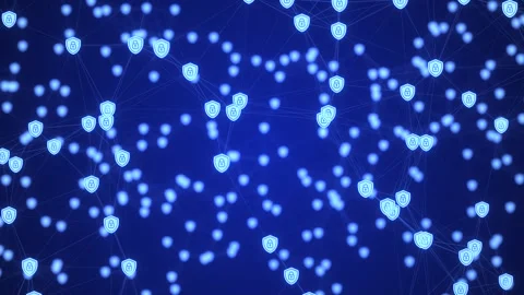 Abstract Blue Cybersecurity Network with Shield Icons and Connected Data Nodes Stock Footage 333498565