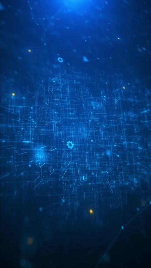 Abstract blue data matrix scene floating nodes, circuitry, glowing cube connecte Stock Footage 340399452