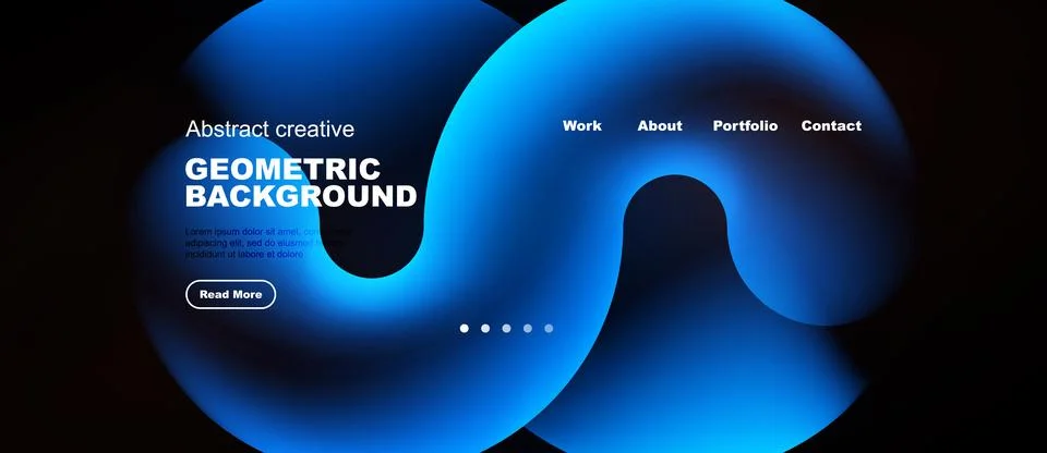 Abstract blue design features flowing shapes, text elements, navigation menu. Stock Illustration