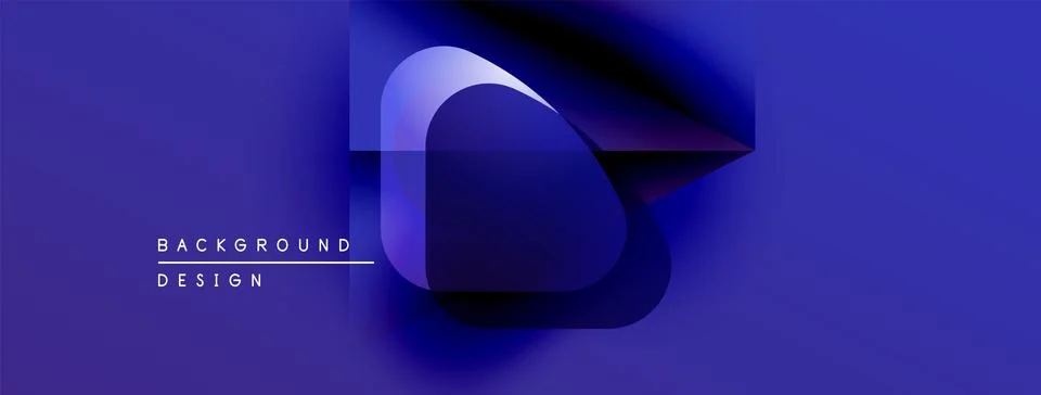 Abstract blue design features geometric shapes, gradients, text elements. Modern Illustrazione stock