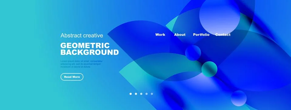 Abstract blue design features geometric shapes, text elements, navigation men Stock Illustration