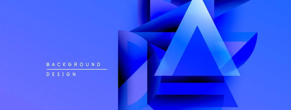 Abstract blue design features layered triangles. Gradient shades create depth, Illustrazione stock