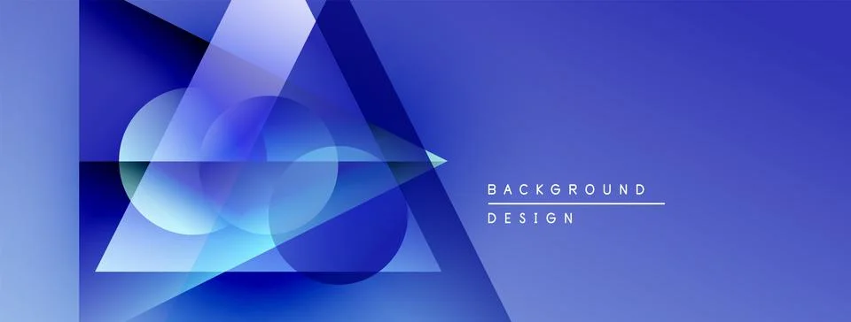 Abstract blue design features overlapping circles, triangles. Gradient Illustrazione stock