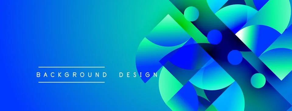 Abstract blue design features overlapping circles, squares, lines. Gradient Stock Illustration
