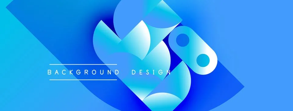 Abstract blue design features overlapping circles, squares. Gradient shades Stock Illustration