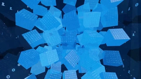 Abstract blue digital cubes floating in a dark space with binary code data Stock Footage 336775819