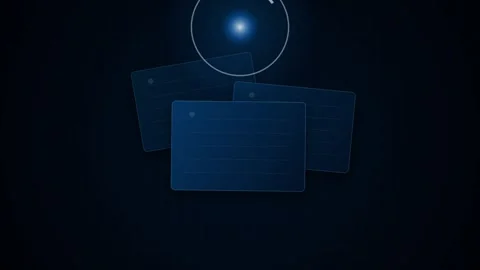 Abstract Blue Digital Data Cards Floating with Glowing Orb and Grid Backgroun Stock Footage 346660508