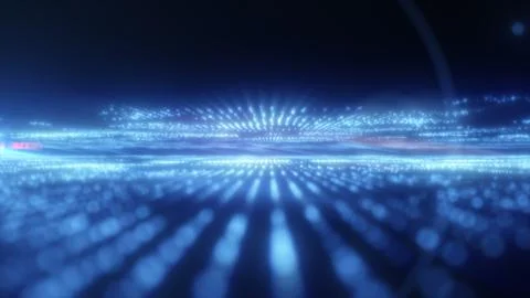 Abstract blue digital data field with glowing particle streams, depth persp.. Stock Illustration