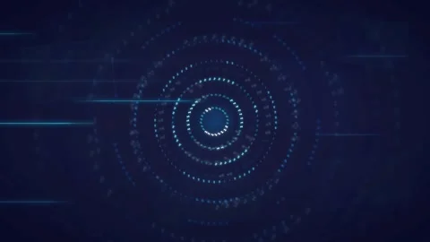 Abstract Blue Digital HUD Interface with Rotating Circular Data Particles and Stock Footage 336775150
