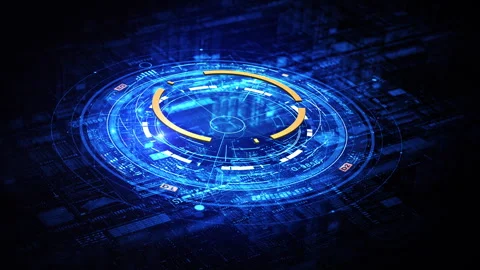 Abstract blue digital interface with circular elements, glowing lines, Stock Footage 294283649