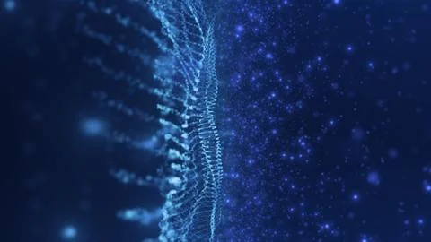 Abstract blue digital landscape with glowing particles and a futuristic grid Stock Illustration
