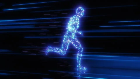 Abstract Blue Digital Man Running Fast Through Light Trails Seamless. Electric Video stock 300254749