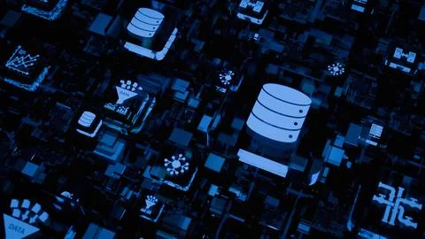 Abstract Blue Digital Network with Glowing Database Icons and Server Racks .. Stock Photos