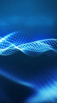 Abstract blue digital particle wave with glowing mesh dots, representing da.. Illustrazione stock