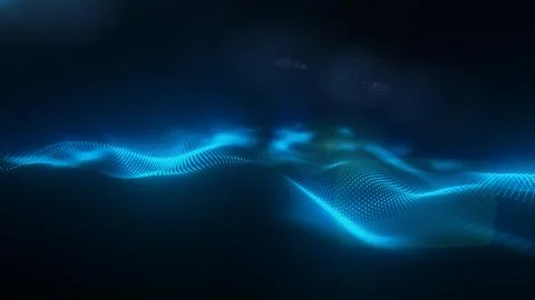 Abstract blue digital particles forming wave patterns with soft glow, futuris Illustrazione stock