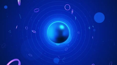 Abstract Blue Digital Planet with Floating Geometric Shapes Stock Footage 341372997
